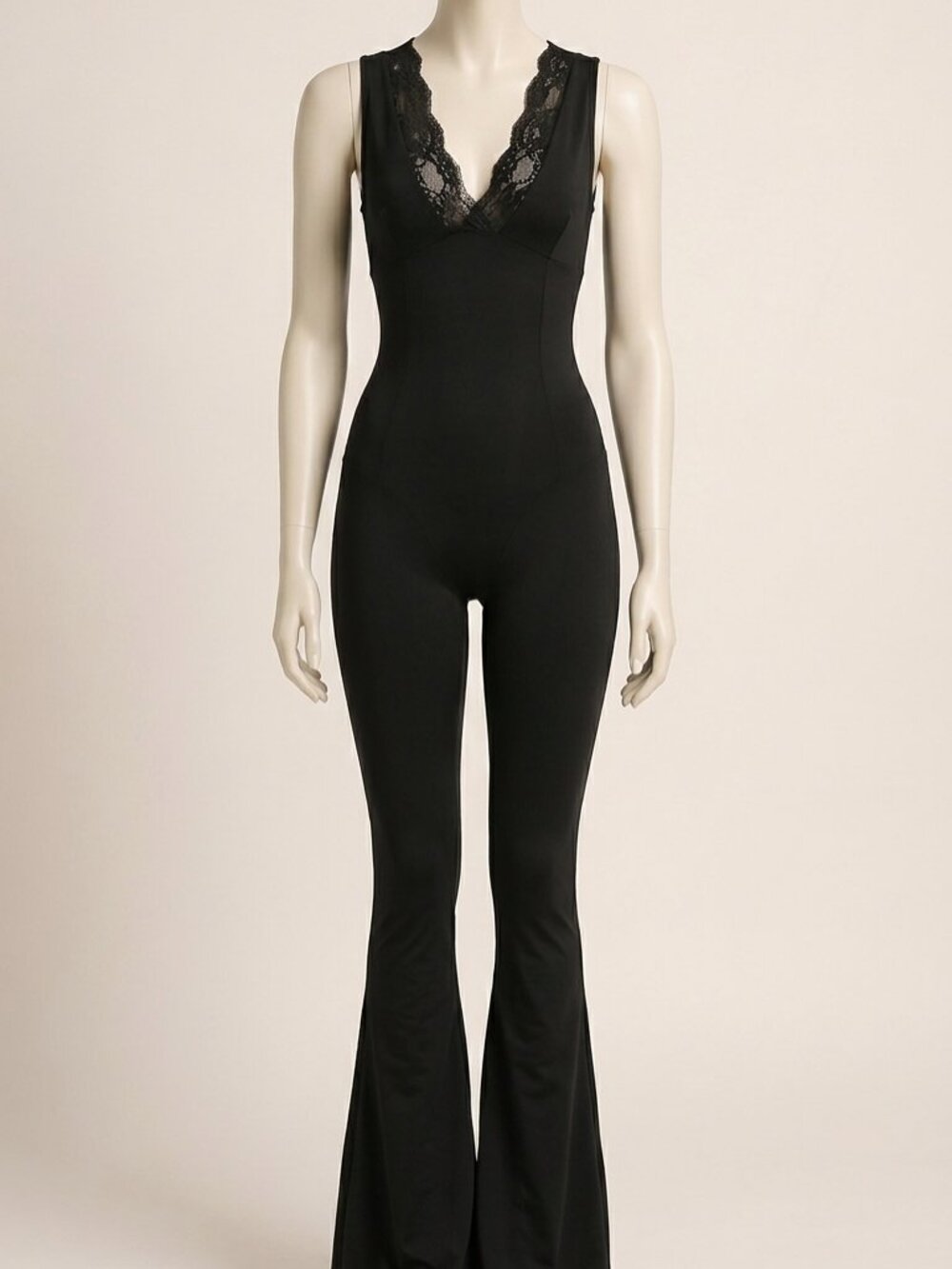 DARKLOOKS Black V-Neck Lace Trim Sleeveless Jumpsuit Size L New